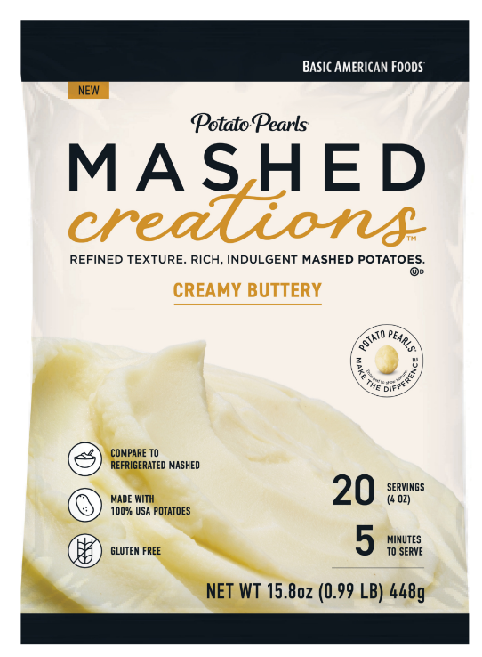 A bag of Potato Pearls Mashed Creations, Creamy Buttery flavor. The packaging highlights 20 servings, 5-minute prep, made with US potatoes, gluten-free, and a photo of mashed potatoes. Net weight 15.8 oz (448g).