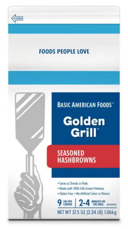 A box of Basic American Foods Golden Grill Seasoned Hashbrowns, featuring a hand holding a spatula, product details on the front.