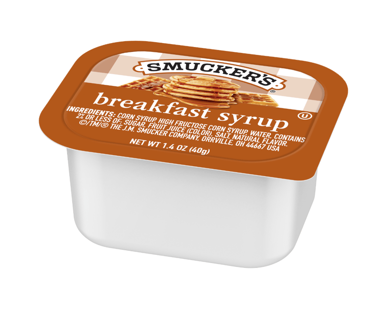 A single-serving container of Smuckers breakfast syrup with an image of pancakes on the lid and the ingredients listed beneath the product name.
