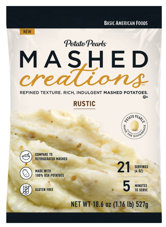 A bag of Potato Pearls Mashed Creations Rustic mashed potatoes. The packaging highlights 21 servings, 5-minute prep, gluten-free, made with 100% USA potatoes, and refined texture. Net weight is 18.6 oz (527g).
