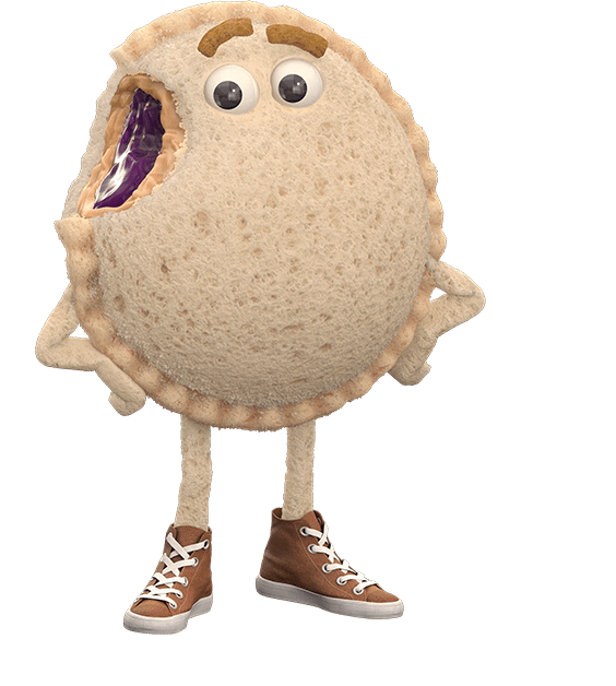 A cartoon sandwich character with arms, legs, and sneakers has a big bite taken out of its side and is smiling with wide eyes.