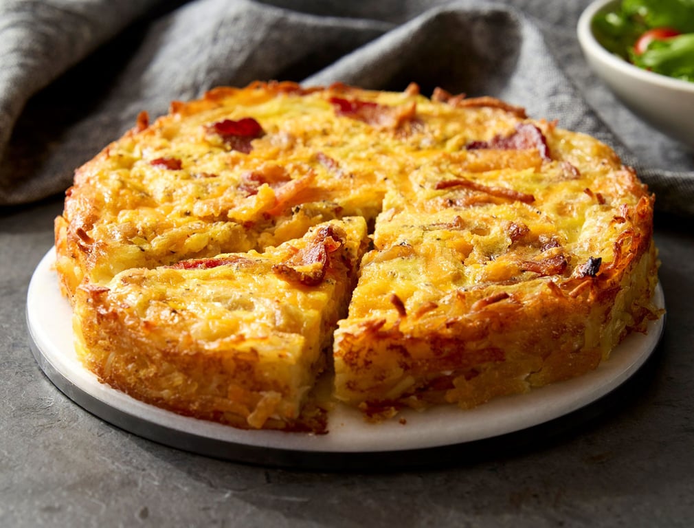 A round, golden-brown hash brown quiche with crispy edges, topped with bits of bacon, sits on a marble serving board. One wedge is cut out. A bowl of greens and a gray cloth are in the background.