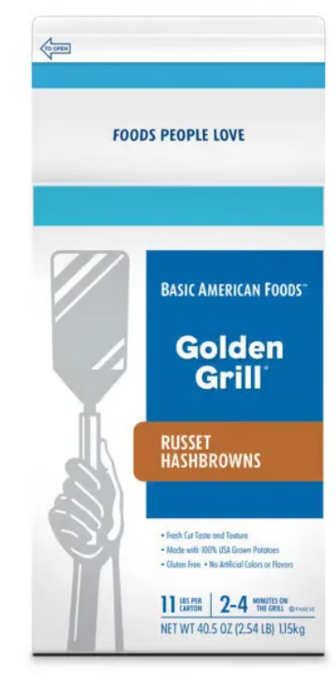 A box of Basic American Foods Golden Grill Russet Hashbrowns, featuring a hand holding a spatula, product details on the front.