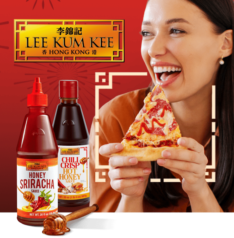 A smiling woman eats pizza next to bottles of Lee Kum Kee Honey Sriracha Sauce and Chili Crisp Hot Honey. The text reads, “Bring the sweet heat to your campus.” Firework graphics decorate the background.