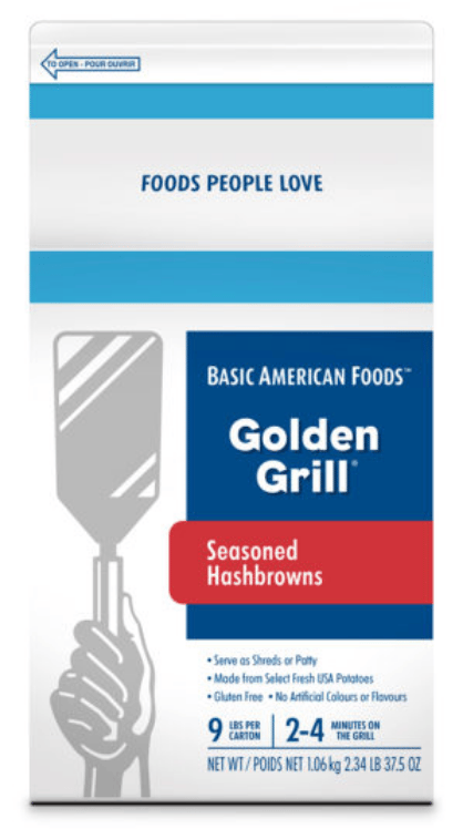 A box of Basic American Foods Golden Grill Seasoned Hashbrowns (Canadian), featuring a hand holding a spatula, product details on the front.