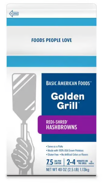 A box of Basic American Foods Golden Grill Redi-Shred Hashbrowns, featuring a hand holding a spatula, product details on the front.