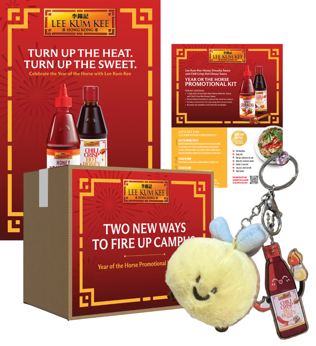 Promotional kit featuring Lee Kum Kee sauces, two flyers with red backgrounds, a brown box, and a keychain with a plush yellow character and a chili sauce bottle charm. Text highlights “Year of the Horse.”.